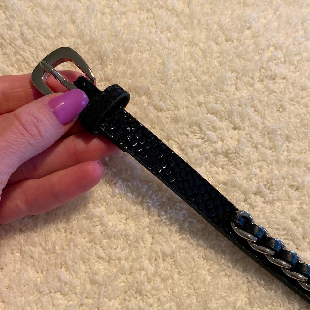 Michael Kors faux snakeskin belt in black with silver chain overlay.